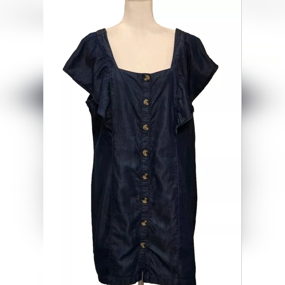 a. n. a. Square Neck Flutter Sleeve Soft Denim Button Up Cotton Mini Dress XXL - Picture 2 of 16